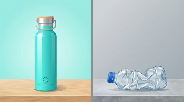 Reusable Stainless Steel Flask and Single Use Crumpled Plastic Bottle Comparison   