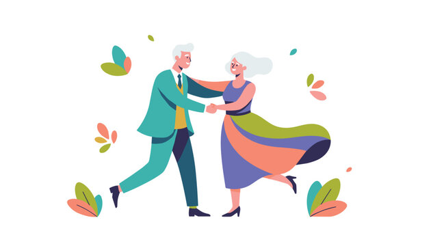Happy elderly couple dancing together in a romantic autumn setting with colorful falling leaves around.