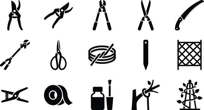 Set of black garden equipment icons representing professional horticulture and landscaping tools