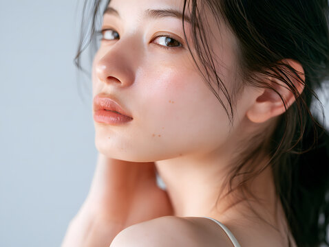 首元に手を添えてカメラを見つめる日本人女性の美容ポートレート