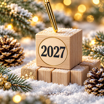 Wooden blocks with the year 2027 printed on them in a festive winter scene with pine cones and snow