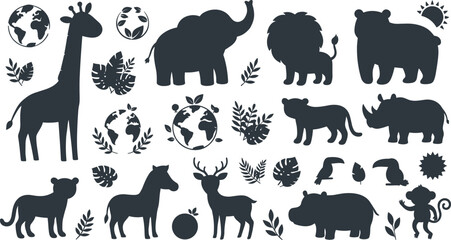 Obraz premium Wildlife Animal Silhouette Collection with Giraffe, Elephant, Lion, Bear, Rhinoceros, Deer, Hippo, Monkey, Globe Symbols, and Tropical Foliage
