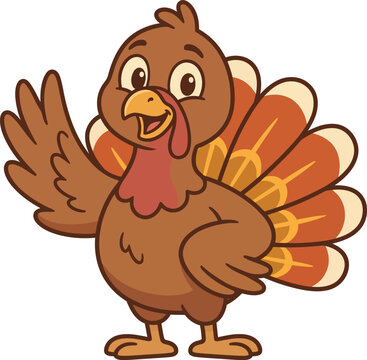 A cute cartoon turkey character waving hello isolated on a white background for thanksgiving holiday designs