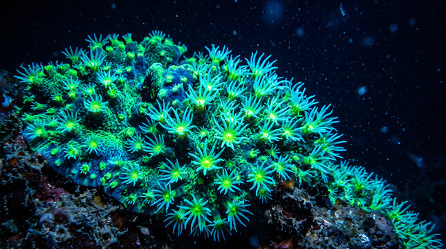 Coral polyp fluorescent neon green cyan UV night macro texture