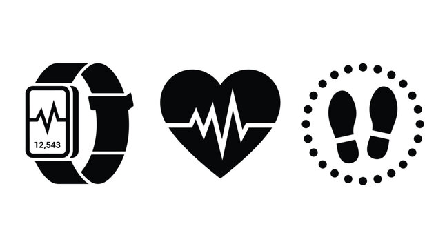 Wearable Tech Icons Set with Fitness Tracker, Heart Rate, and Steps Counter. Health Monitoring, Digital Wellness, and Activity Tracking Design.