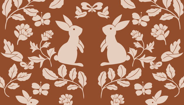 Bunny and floral ornament pattern on a terracotta background