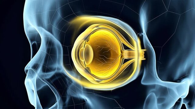 3D medical animation of the human eye anatomy showing the internal structure and optic nerve within a transparent skull wireframe for ophthalmology and vision science