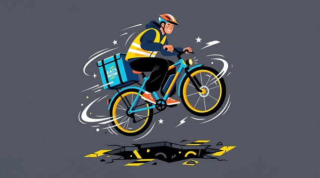 Dynamic Vector Illustration of a Professional Delivery Courier Man Riding a Bicycle and Jumping Over a Road Crack Representing Fast Speed Food Service Urban Transportation and Logistic Concept