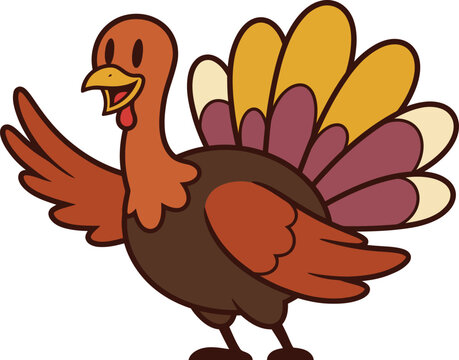 A happy cartoon turkey waving hello isolated on a white background for thanksgiving holiday celebration design projects