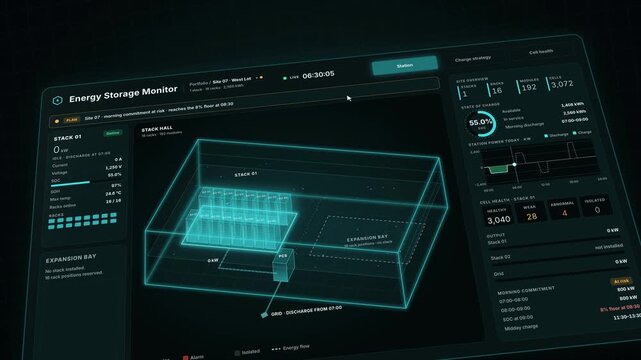 Energy Storage Dashboard, BESS Site Switch, Live Battery Monitoring, Grid Discharge Visualization, Cell Health Status, Power Flow Diagram, Smart Grid Interface, Battery Management System