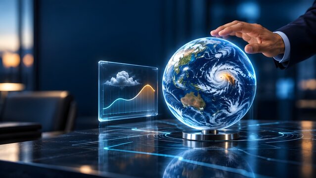 Businessman s hand hovering over a holographic display showing Earth with a hurricane and a weather forecast graph with cloud data symbolizing global analysis and forecasting.