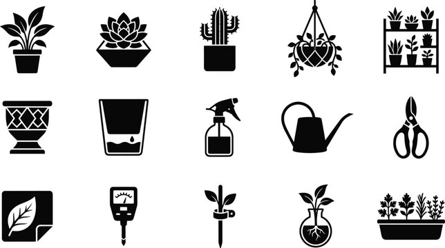 Set of black silhouette icons representing gardening tools and potted indoor plants