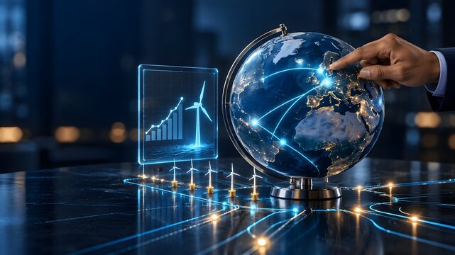 Global renewable energy network concept with glowing connections across earth showing wind turbines and growth chart data visualization
