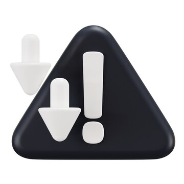 3D Warning Triangle Icon with Downward Arrows and Exclamation