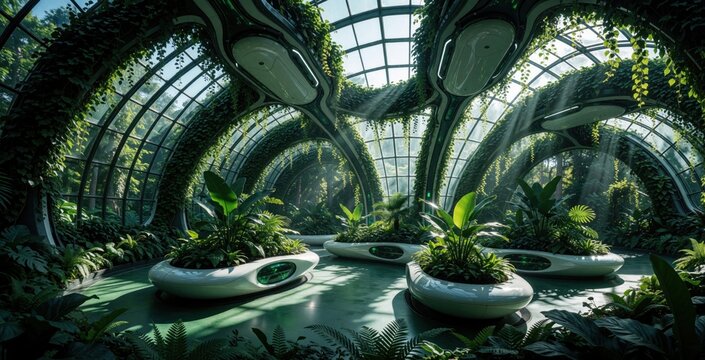 Futuristic greenhouse with AI tech in deep forest. Smart climate control system monitors plants inside glass dome structure. Advanced automated botany lab uses high tech sensors for optimal plant
