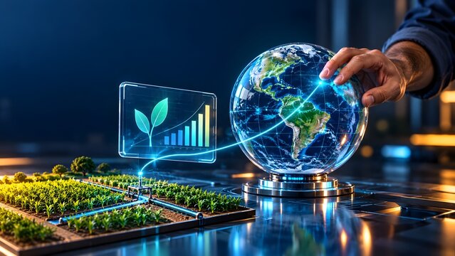 Digital agriculture technology monitoring global growth and sustainability with smart farming data visualization and earth globe