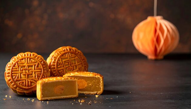 Pasteles de luna tradicionales con relleno dorado y farol decorativo