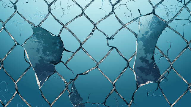 Broken wire fence, rabitz or chain link. Vector background of ripped metal mesh, steel grid or net with hole and wire cuts in center, damaged safety border, freedom concept, Realistic 3d illustration