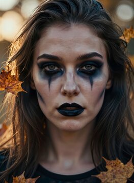 Close Portrait Of Young Adult Female With Striking Makeup Look Includes Dark Smoky Eyeshadow Black Eyeliner Lipstick Creating Dramatic