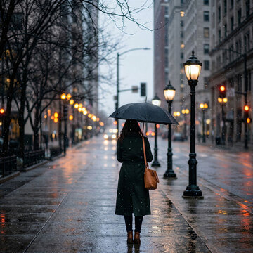 Woman Walking with Umbrella on Rainy Winter City Street