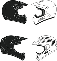 Obraz premium Minimalist black and white motorcycle helmets collection set, isolated motocross full face and mountain bike helmet vector illustration elements