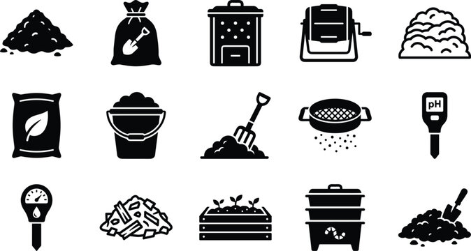 Set of gardening and composting icons representing soil organic waste and agriculture tools