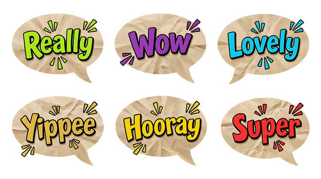 Exclamation speech bubbles with paper texture on transparent backdrop