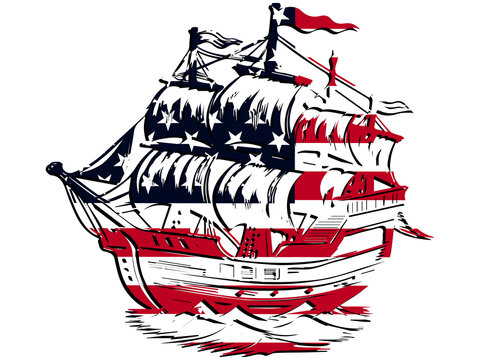 Sailing ship with American flag pattern patriotic maritime graphic