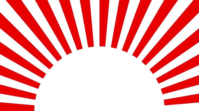 縁起のいい紅白カラーの集中線フレームの背景アニメーション。下部が白い円でくり抜かれた日の出をイメージしたサンバースト素材