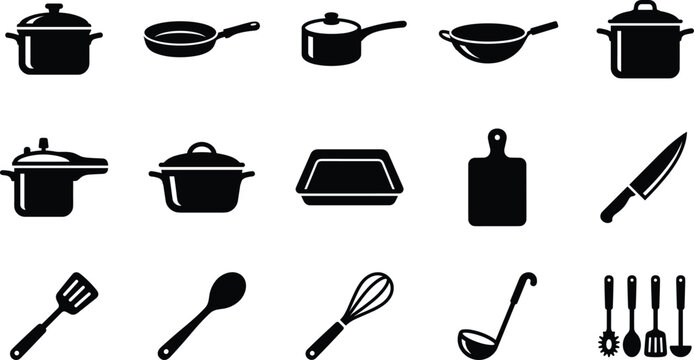 Set of kitchen cooking utensils and cookware icons in flat vector style