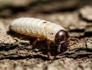 Fototapeta premium Close up view of a light colored beetle larva on rough wood surface. Insect crawls across bark texture. Macro photo shows insect life cycle.