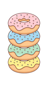 Pastel donut stack illustration, colorful glazed doughnuts with sprinkles, cute cartoon dessert food art on white background