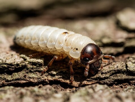 Close up view of a light colored beetle larva on rough wood surface. Insect crawls across bark texture. Macro photo shows insect life cycle.