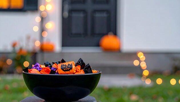 Cuenco negro con caramelos de Halloween frente a una casa decorada
