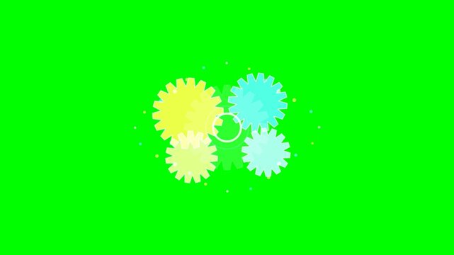 Colorful cartoon gears mechanism rotating together on a vibrant green screen background