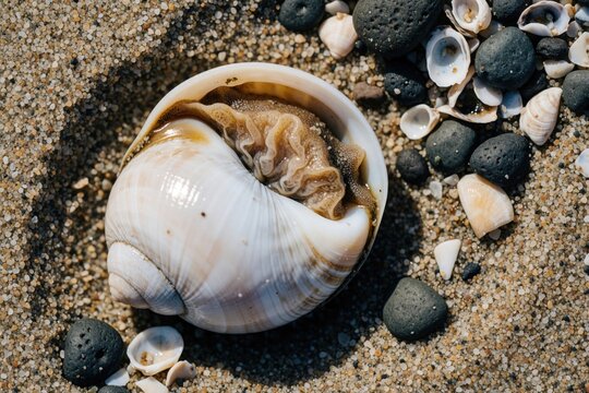 Macro shot of ox-tongue nerite snail crawling on sandy beach. Small mollusc moves near sea shells, dark stones on coast. Close up view shows natural texture of gastropod shell, organic body in marine