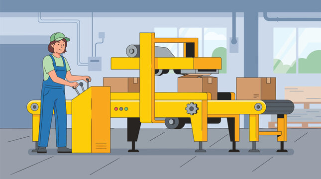 Female factory worker operating an automated packaging machine
