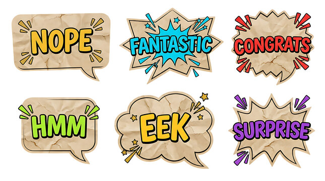 Creased paper speech balloons with comic words on transparent background