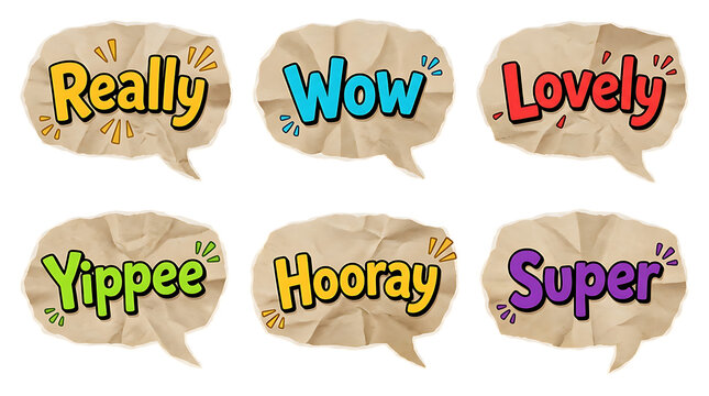 Wrinkled paper message bubbles with enthusiastic words on transparent bg