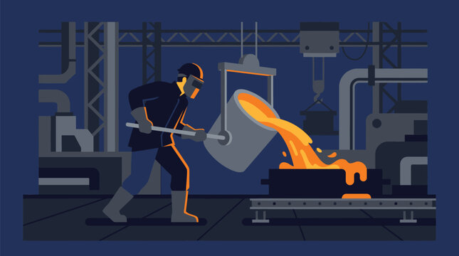 Foundry worker pouring molten metal from a glowing crucible