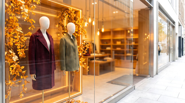 Fall fashion storefront display with mannequins in burgundy and olive coats, autumn foliage, warm lighting, and glass facade in urban retail setting