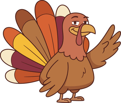 A friendly cartoon turkey character waving hello isolated on a white background for thanksgiving holiday designs