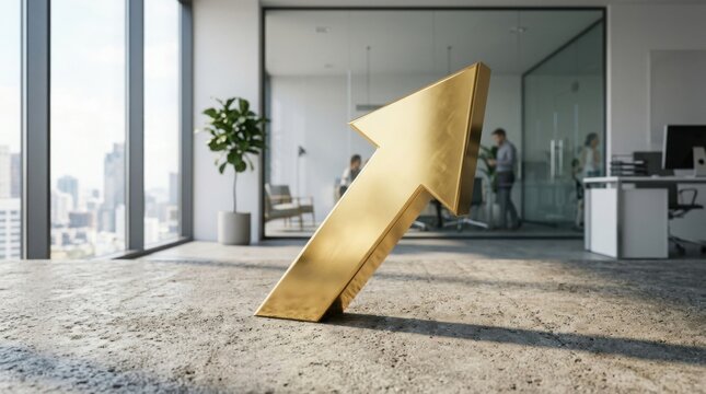 Gold upward arrow symbol on concrete floor in modern office with copy space