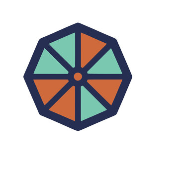 Geometric umbrella icon with orange and teal segments