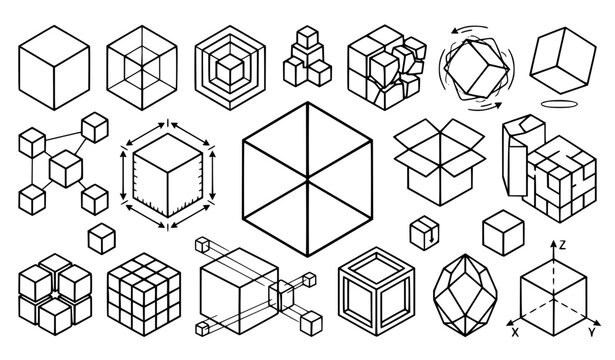 Cube wireframe geometric blocks isometric structures and three dimensional outline icons