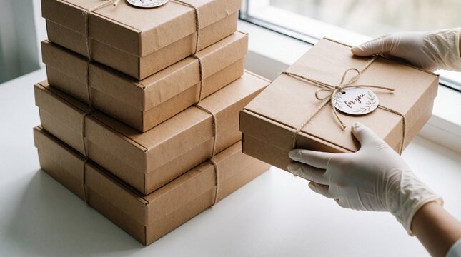 Worker wearing white gloves carries kraft paper gift box with twine, tag. Stack of brown cardboard packages sits on table in clean room. Small business person prepares retail orders for shipping,