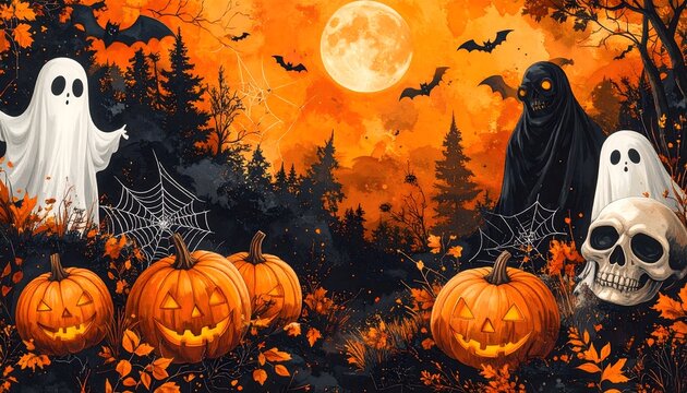 Escena de Halloween con calabazas, fantasmas y luna llena naranja