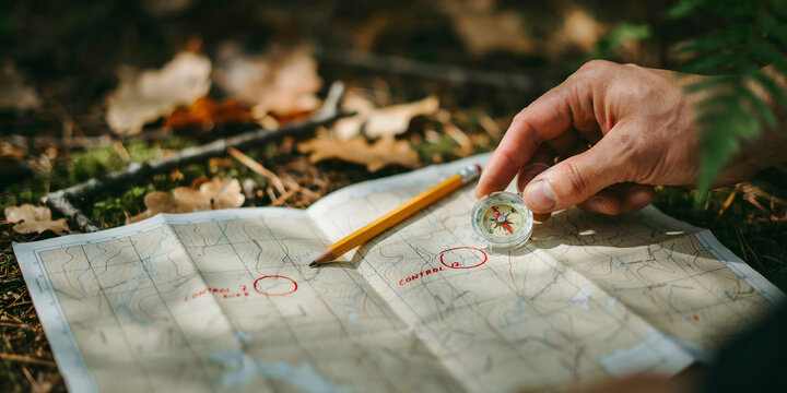 A person navigating through the woods using a compass and a map with marked locations, lying on the ground covered in brown autumn leaves