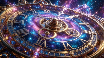 Obraz premium Golden quantum clock floats in cosmic space with swirling nebula colors. Celestial gears, Roman numerals glow among stars, galaxies. Abstract time travel concept with spiral energy vortex, mystical