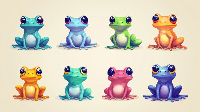 Cute frog character sitting on floor. Different types and colors of toad animal. Cartoon vector illustration set of funny childish amphibian creature. Aquatic and tropical comic froglet mascot.